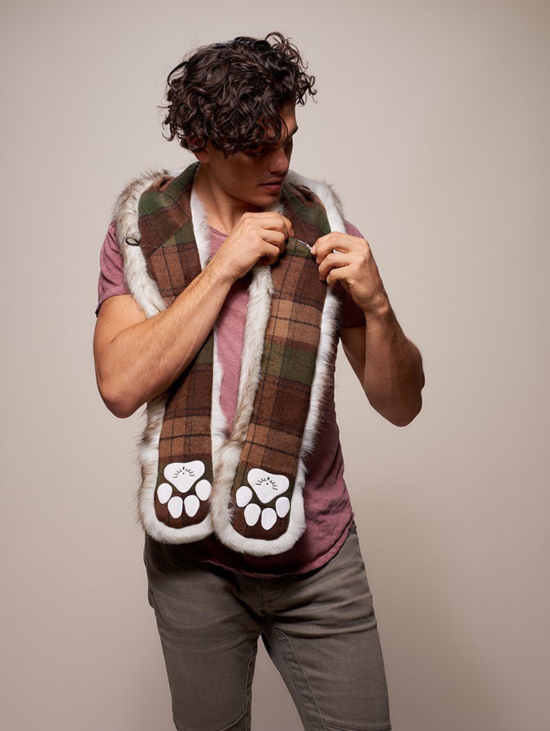 Man wearing faux fur Brown Husky Collector Edition SpiritHood, front view 1