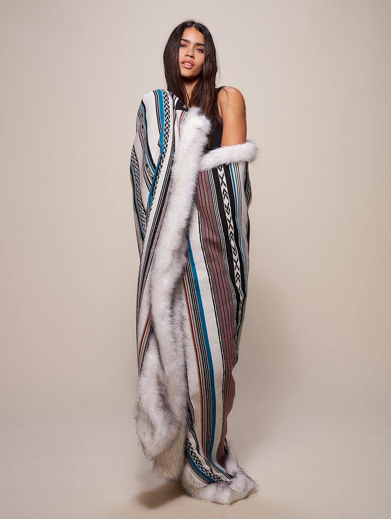 Colorful Liner Featured on Model Wrapped in Faux Fur Throw in Husky Baja Design