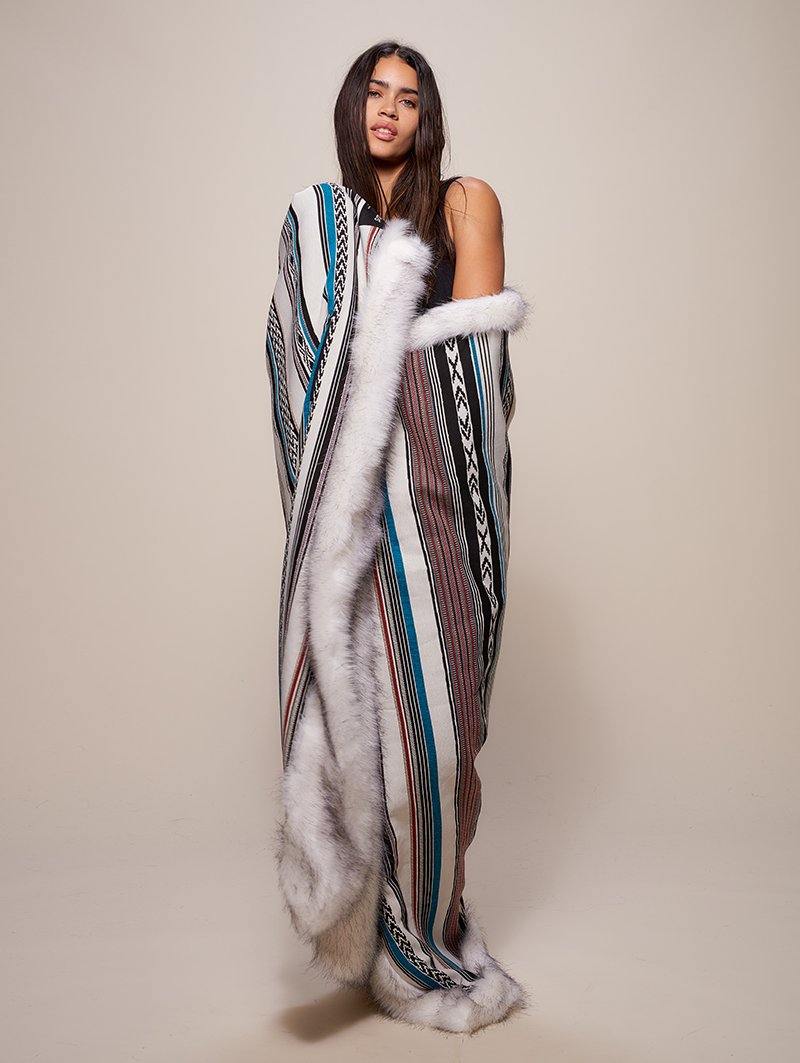 Colorful Liner Featured on Model Wrapped in Faux Fur Throw in Husky Baja Design