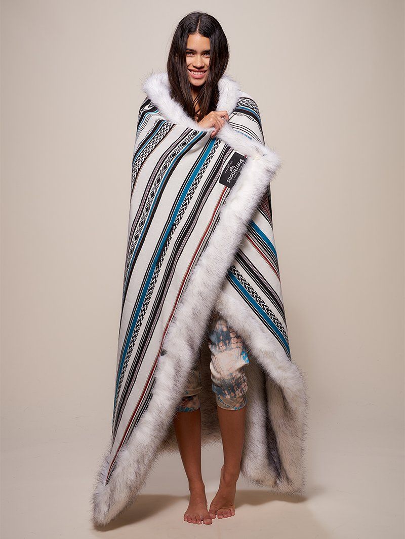 Female Displaying Liner of Faux Fur Throw in Husky Baja Design