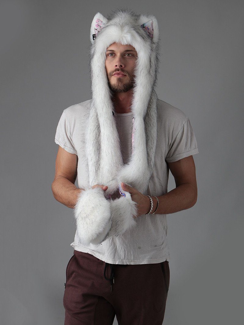 Man wearing faux fur Husky Pastel Dreams Collector Edition SpiritHood, front view 1