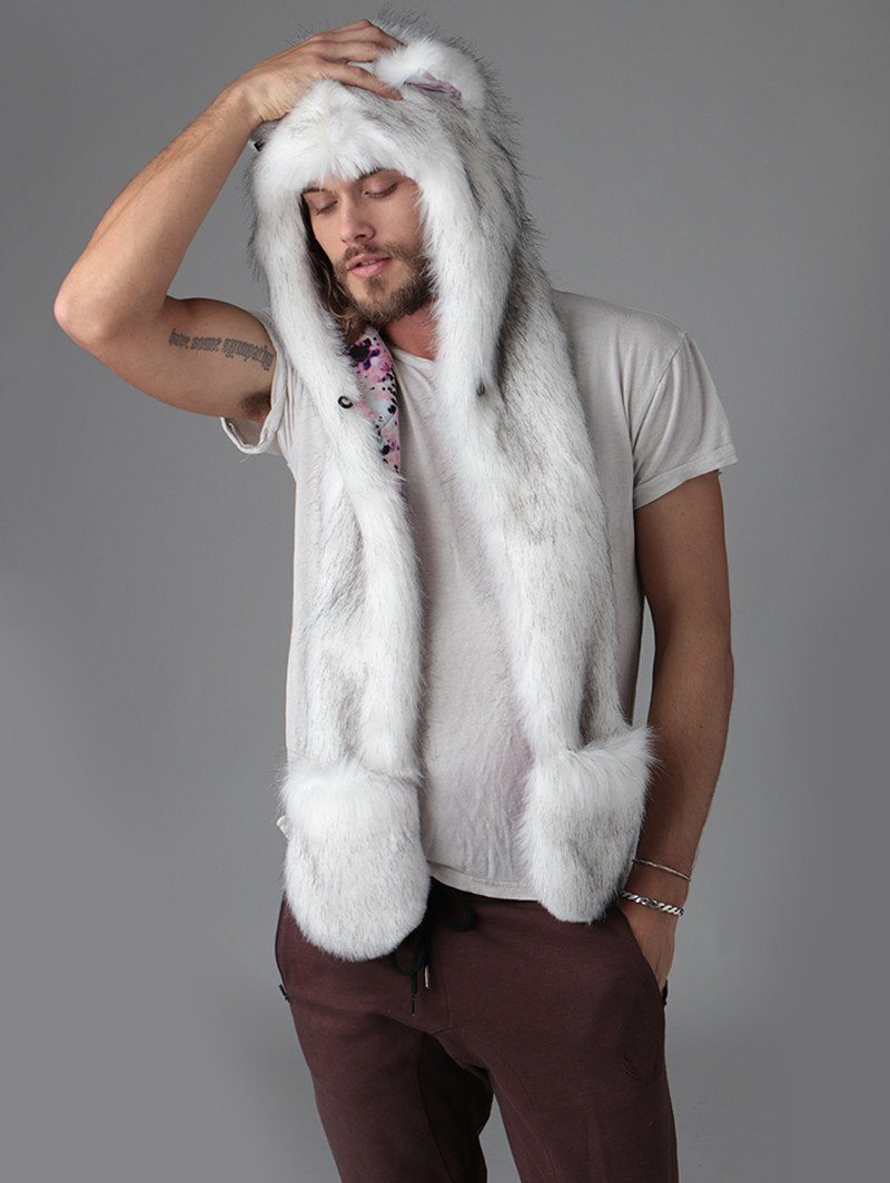 Man wearing faux fur Husky Pastel Dreams Collector Edition SpiritHood, front view