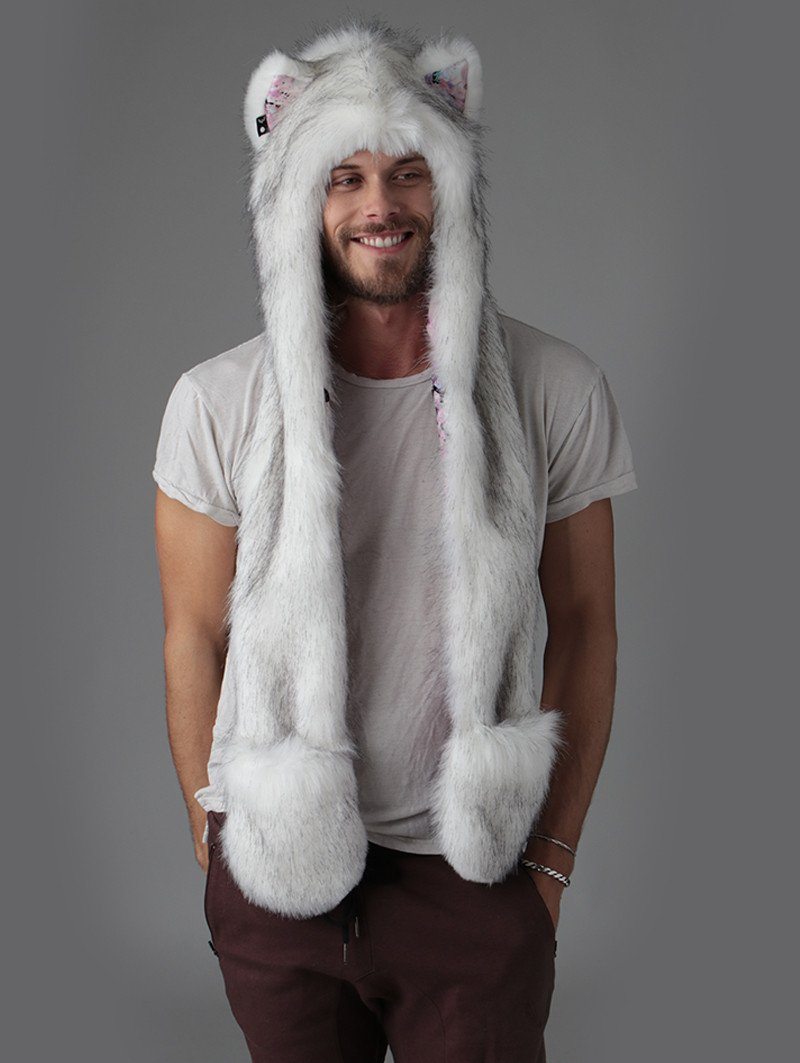 Man wearing faux fur Husky Pastel Dreams Collector Edition SpiritHood, front view 2