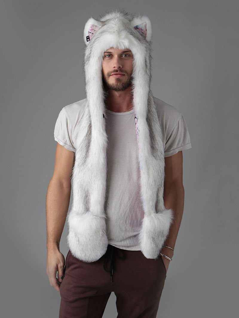 Man wearing faux fur Husky Pastel Dreams Collector Edition SpiritHood, front view 3