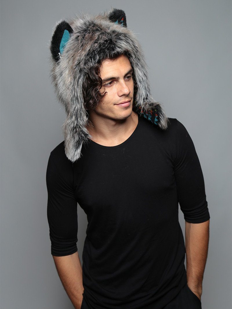 Man wearing faux fur Grey Wolf Half Hood, side view 4