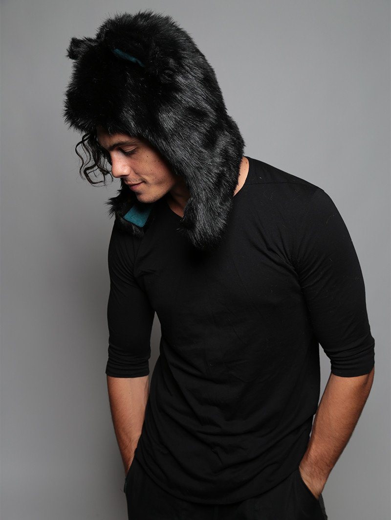 Man wearing Black Wolf Faux Fur Half Hood, side view 5