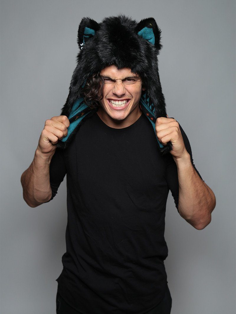 Man wearing Black Wolf Faux Fur Half Hood, side view 1