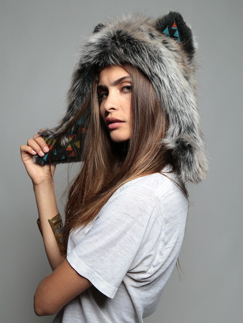 Faux Fur Half Hood with Grey Wolf Design