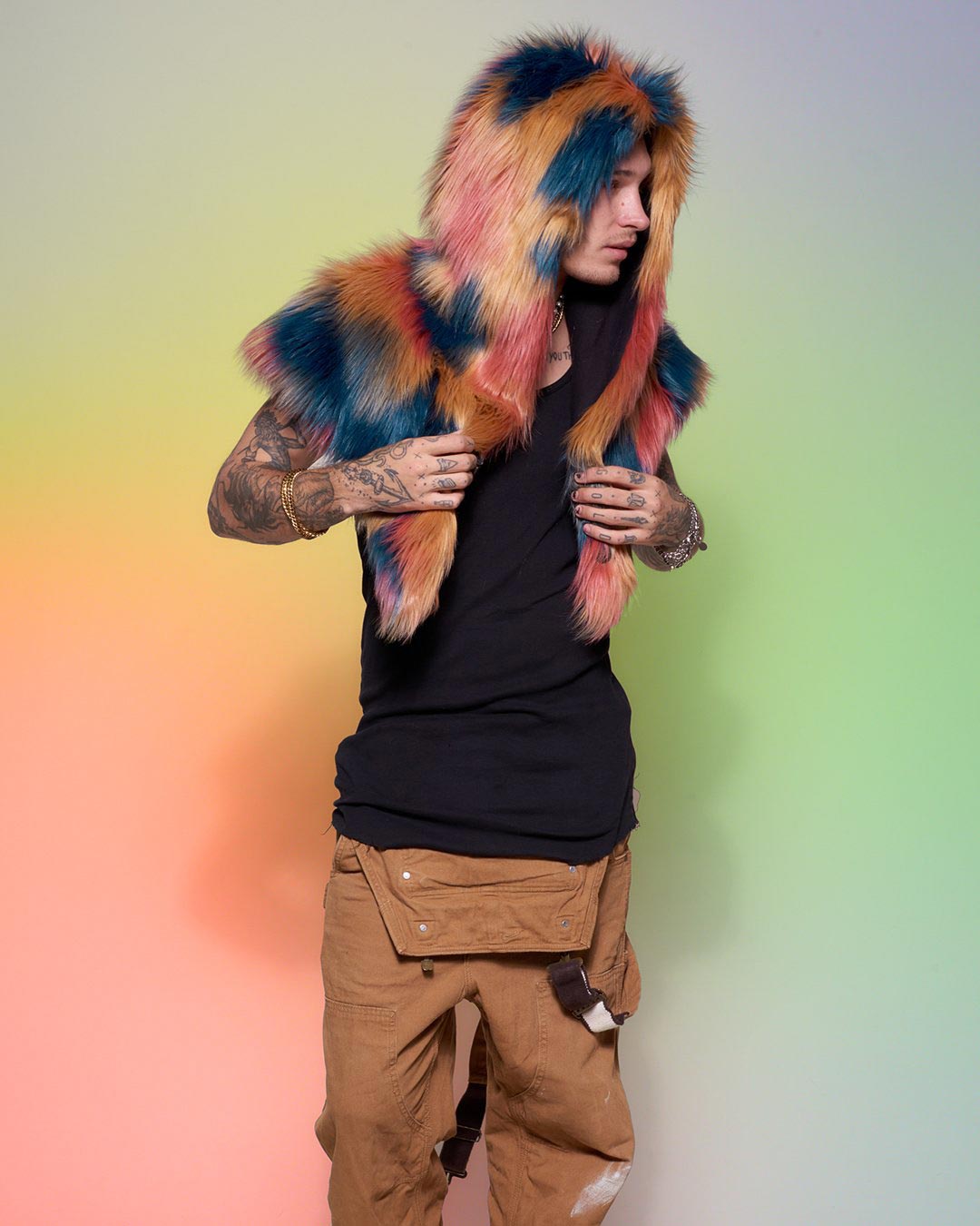 Man wearing American Swallow Collector Edition Faux Fur Shawl