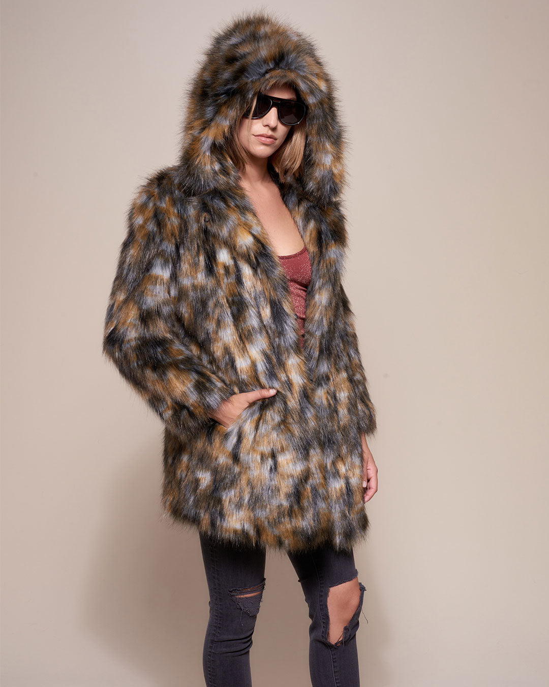 Brindle Wolf Hooded Faux Fur Coat on Female
