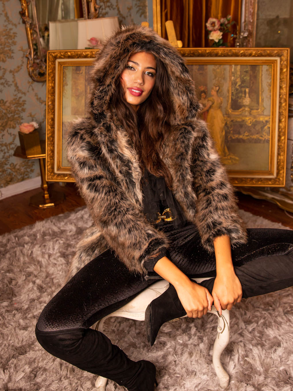 Woman wearing Grey Wolf Hooded Faux Fur Coat, front view