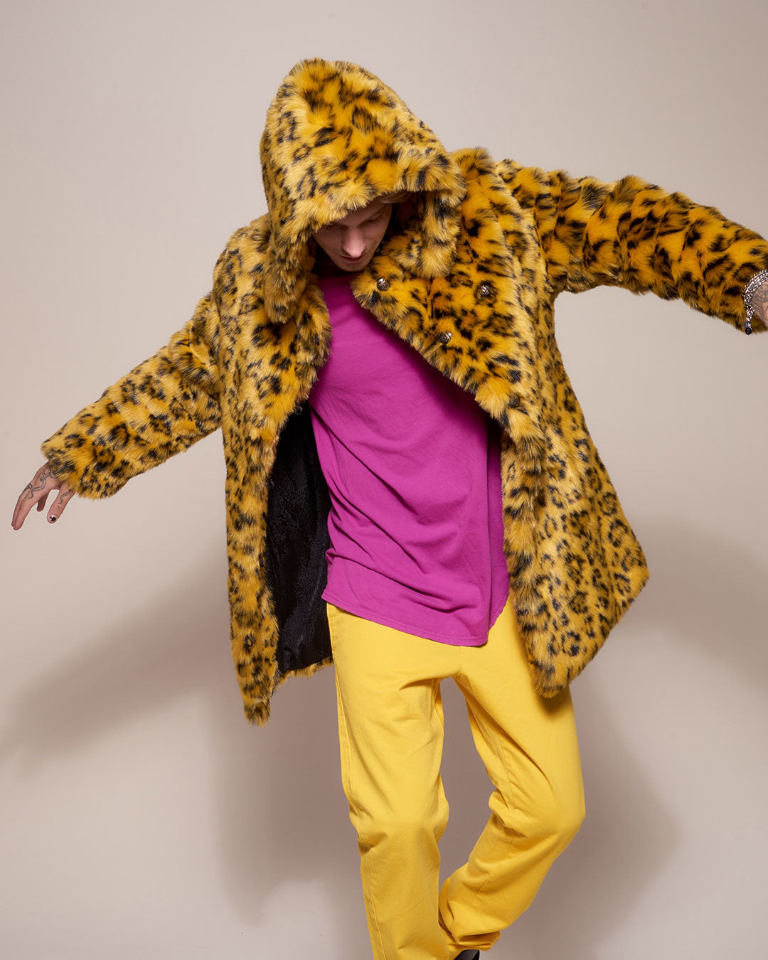 Man wearing Yellow Cheetah Hooded Faux Fur Coat, front view