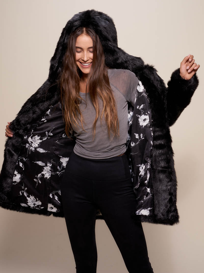 Black Panther Faux Fur Coat with Hood on Female
