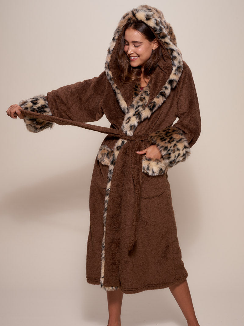 Brown Hooded Leopard House Robe on Woman