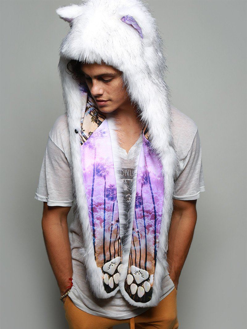 Man wearing faux fur Husky Dreamin' Collector SpiritHood, side view