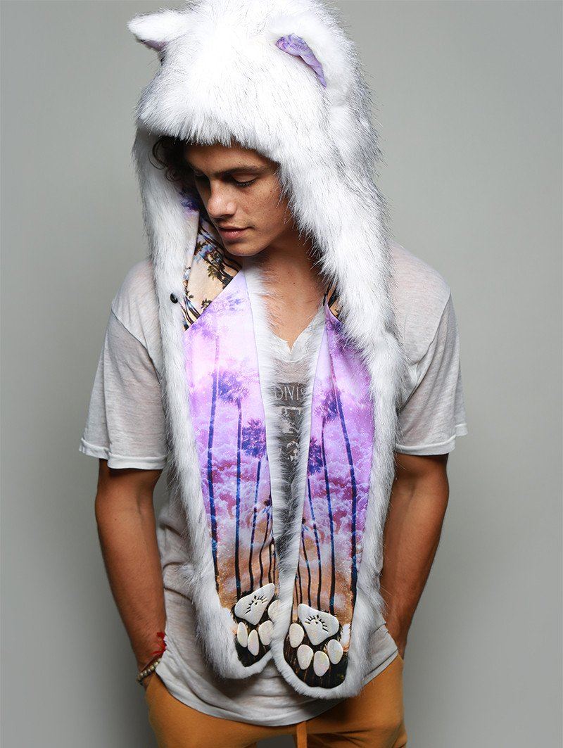 Man wearing faux fur Husky Dreamin&#39; Collector SpiritHood, side view