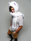 Man wearing faux fur Husky Dreamin' Collector SpiritHood, side view 1