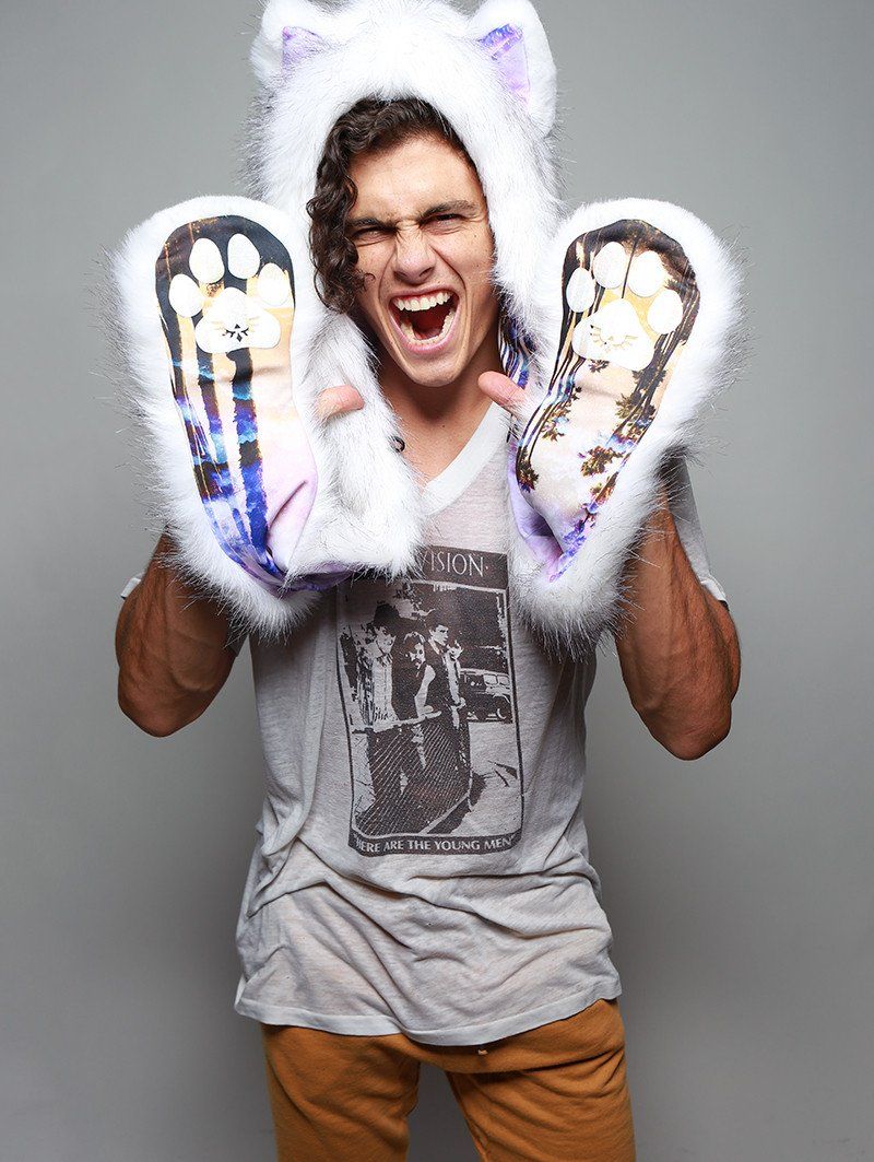 Man wearing faux fur Husky Dreamin' Collector SpiritHood, front view 1