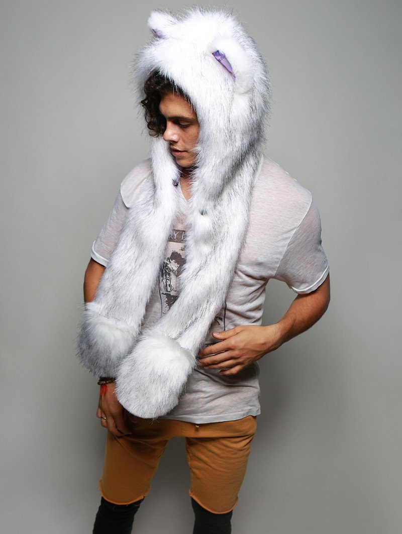 Man wearing faux fur Husky Dreamin&#39; Collector SpiritHood, side view 2