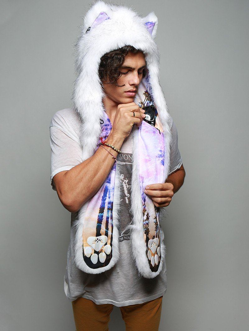 Man wearing faux fur Husky Dreamin&#39; Collector SpiritHood, side view 3