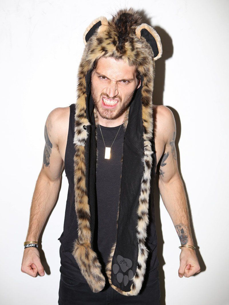 Man wearing faux fur Hyena SpiritHood, front view 1