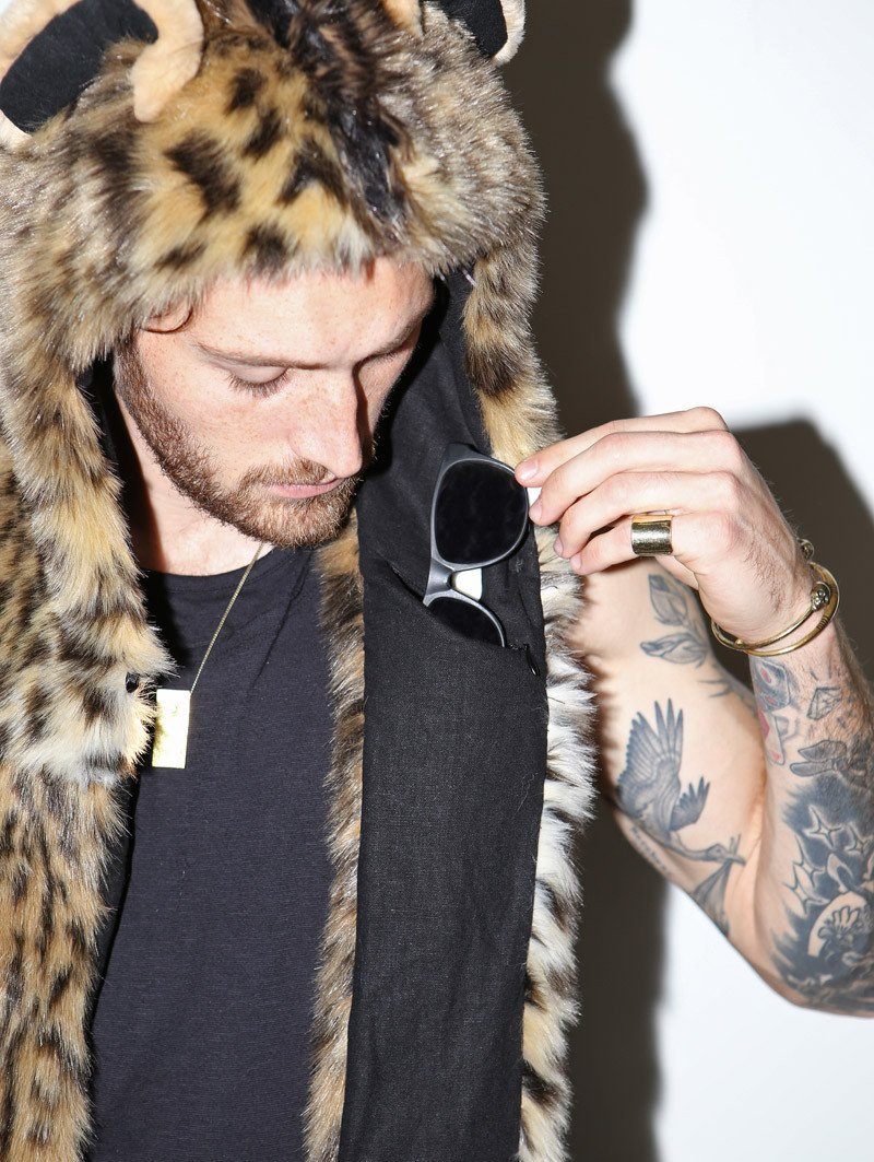 Man wearing faux fur Hyena SpiritHood, front view 2