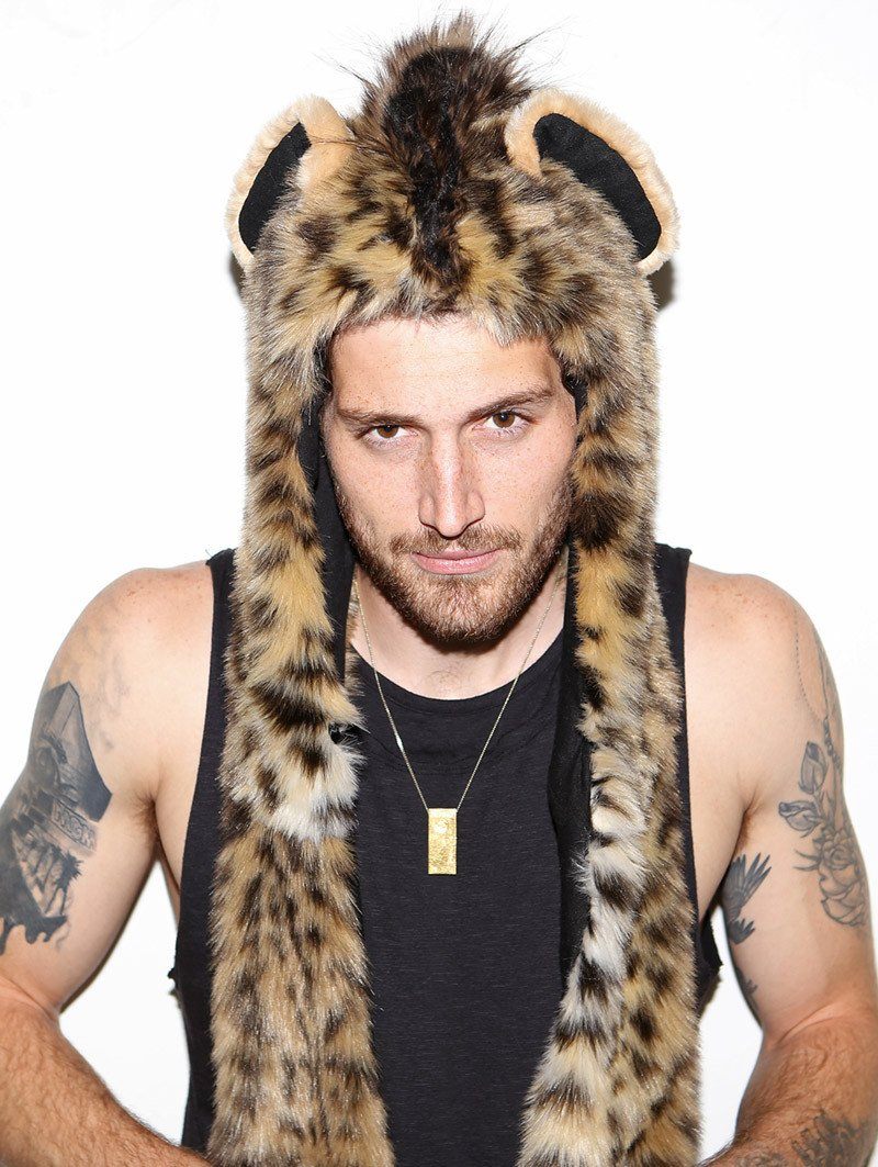 Man wearing faux fur Hyena SpiritHood, front view 3