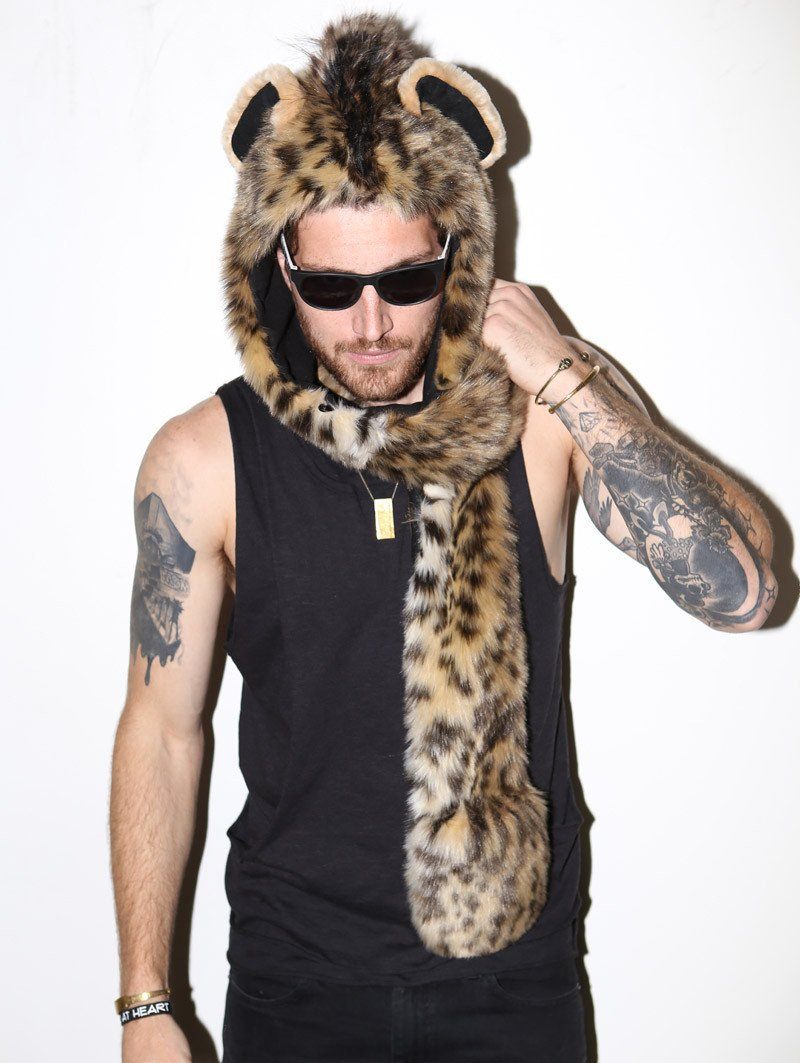 Man wearing faux fur Hyena SpiritHood, front view 5