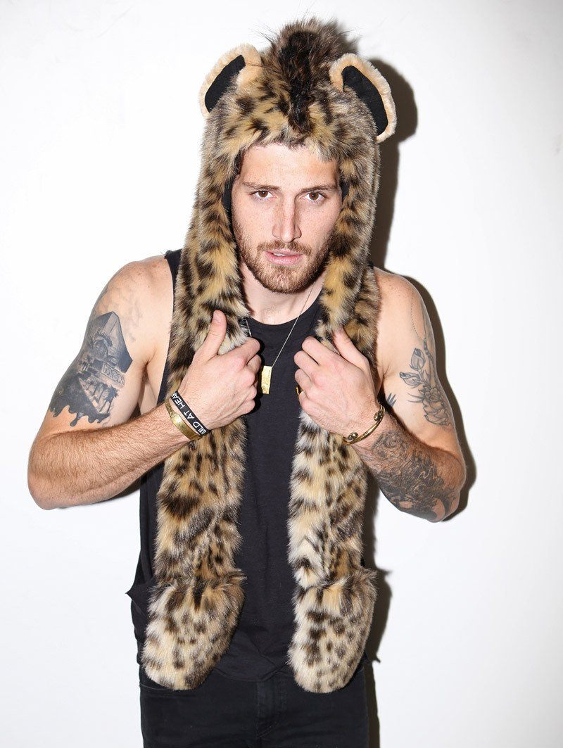Man wearing faux fur Hyena SpiritHood, front view 4