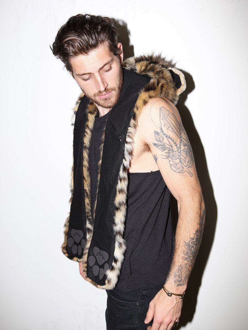 Man wearing faux fur Hyena SpiritHood, side view 1