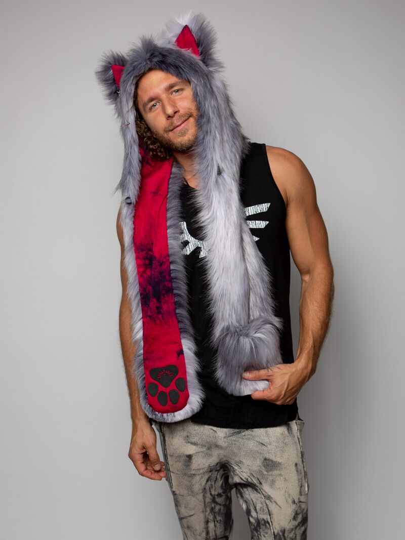 Man wearing faux fur CE Grey Fox SpiritHood, front view 1