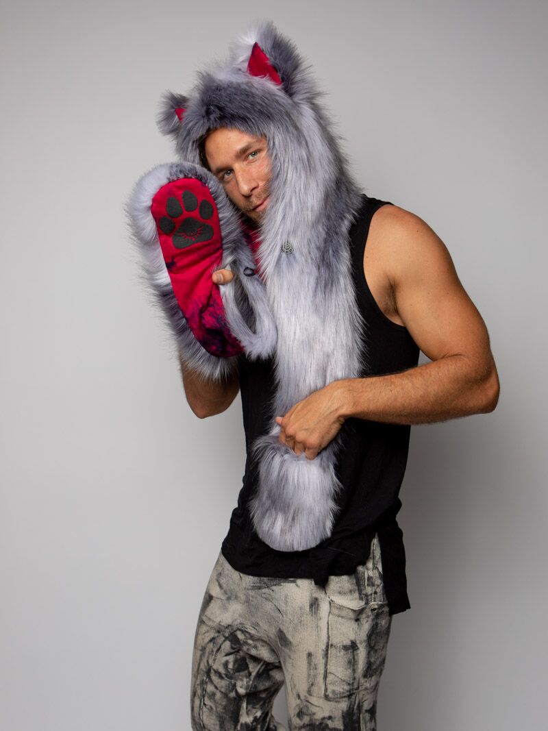 Man wearing faux fur CE Grey Fox SpiritHood, side view 1