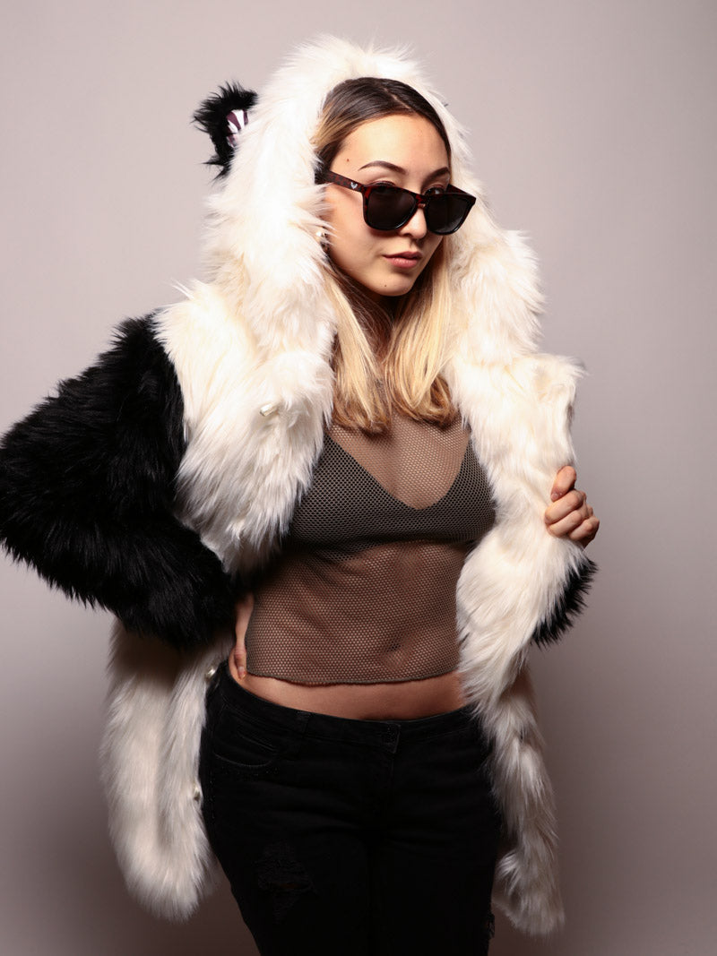 Limited Edition Panda Hooded Faux Fur Coat on Female Model