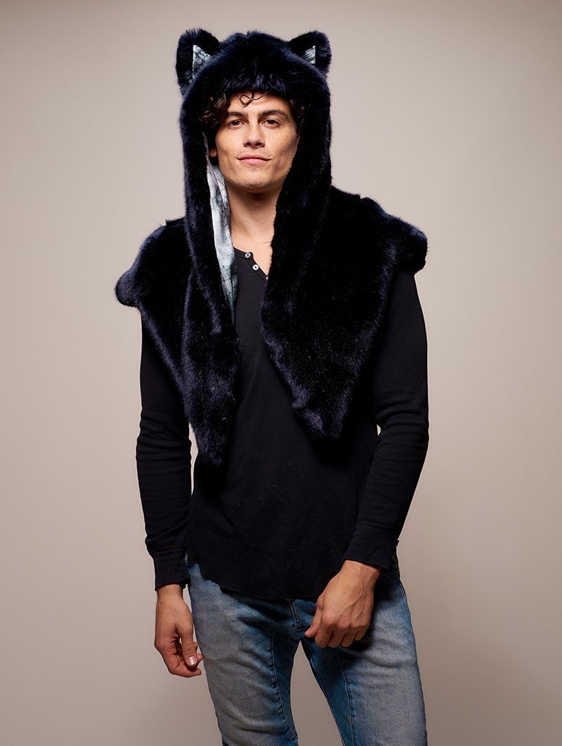 Man wearing faux fur Collector Edition Ice Wolf Shawl SpiritHood, front view 1