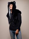Man wearing faux fur Collector Edition Ice Wolf Shawl SpiritHood, side view 1