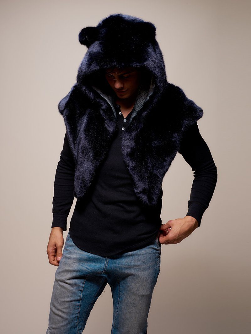 Man wearing faux fur Collector Edition Ice Wolf Shawl SpiritHood, front view 2