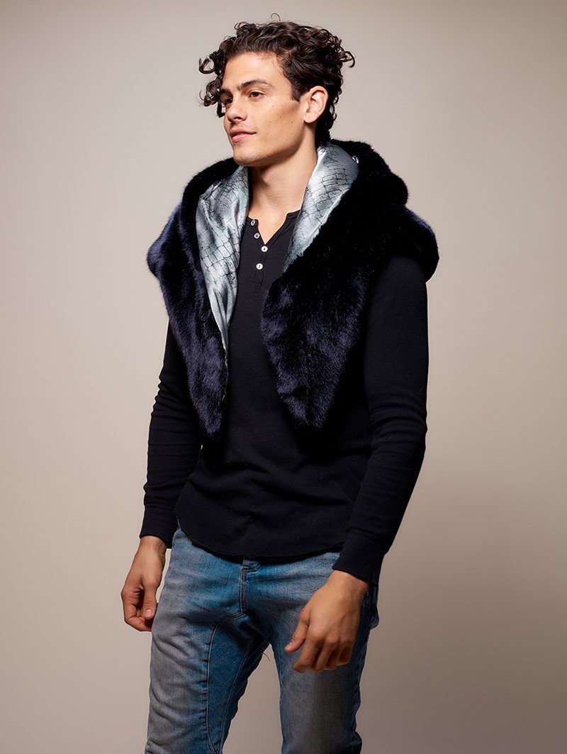 Man wearing faux fur Collector Edition Ice Wolf Shawl SpiritHood, side view 2