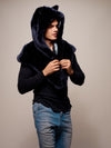 Man wearing faux fur Collector Edition Ice Wolf Shawl SpiritHood, side view 3