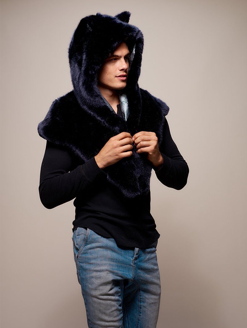 Man wearing faux fur Collector Edition Ice Wolf Shawl SpiritHood, side view 3