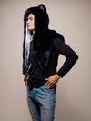 Man wearing faux fur Collector Edition Ice Wolf Shawl SpiritHood, side view 4