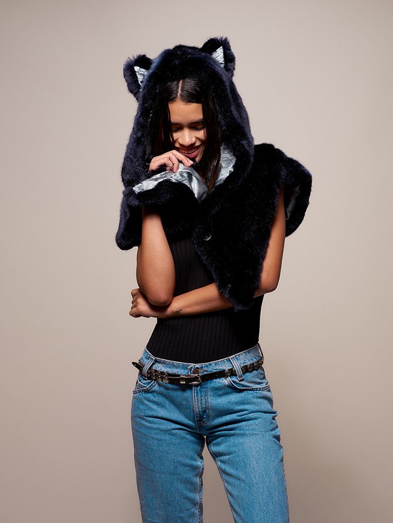 Hooded Faux Fur Shawl with Ice Wolf Design