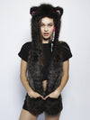 Woman wearing Faux Fur Black Panther ColorBlast SpiritHood, front view 3