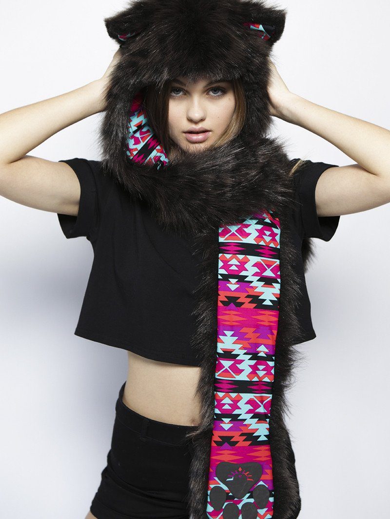 Woman wearing Faux Fur Black Panther ColorBlast SpiritHood, front view