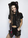 Woman wearing Faux Fur Black Panther ColorBlast SpiritHood, front view 1