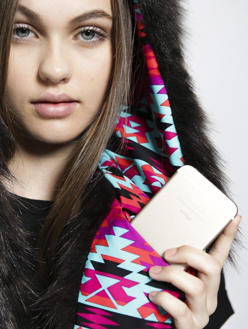 Woman wearing Faux Fur Black Panther ColorBlast SpiritHood, front view 2
