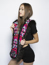 Woman wearing Faux Fur Black Panther ColorBlast SpiritHood, side view
