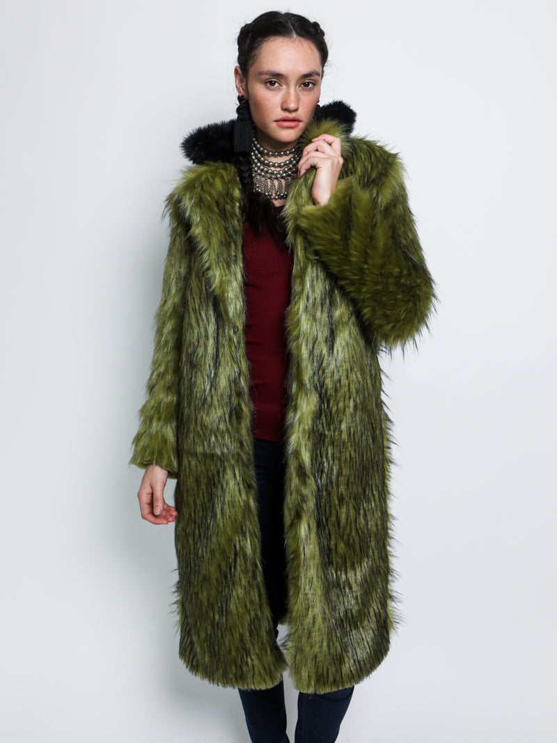 Collared Faux Fur Calf Length Coat with Jade Fox Design