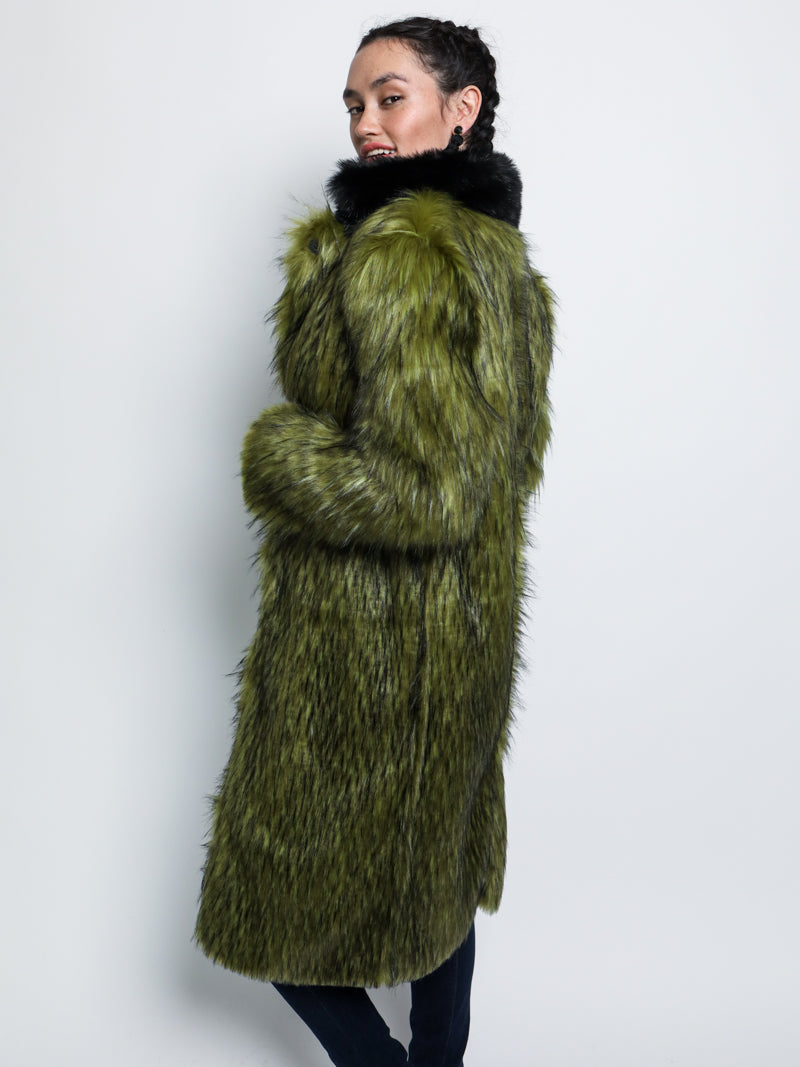 Female Wearing Collared Jade Fox Faux Fur Calf Length Coat