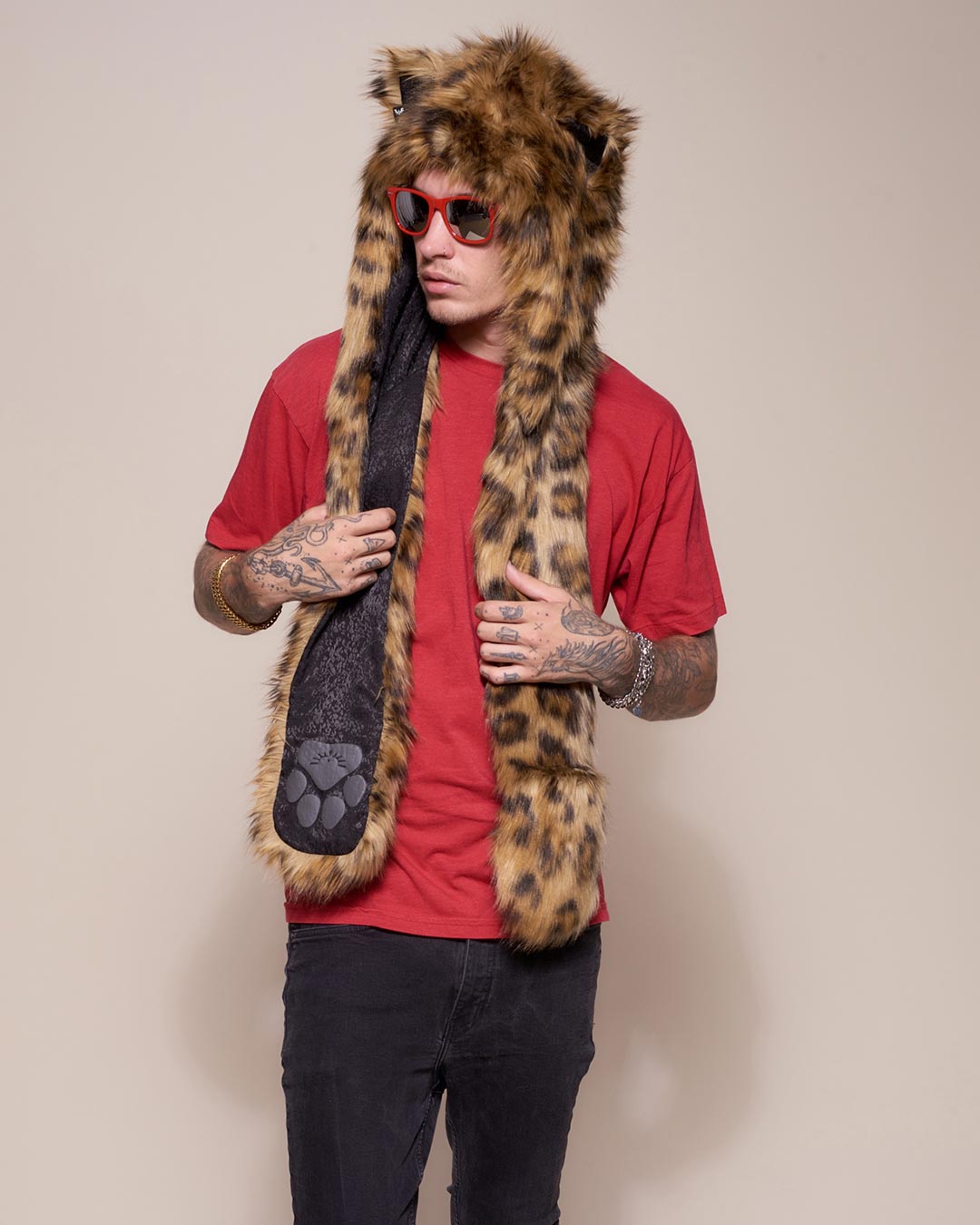 Man wearing Javan Leopard Faux Fur Hood, side view 1