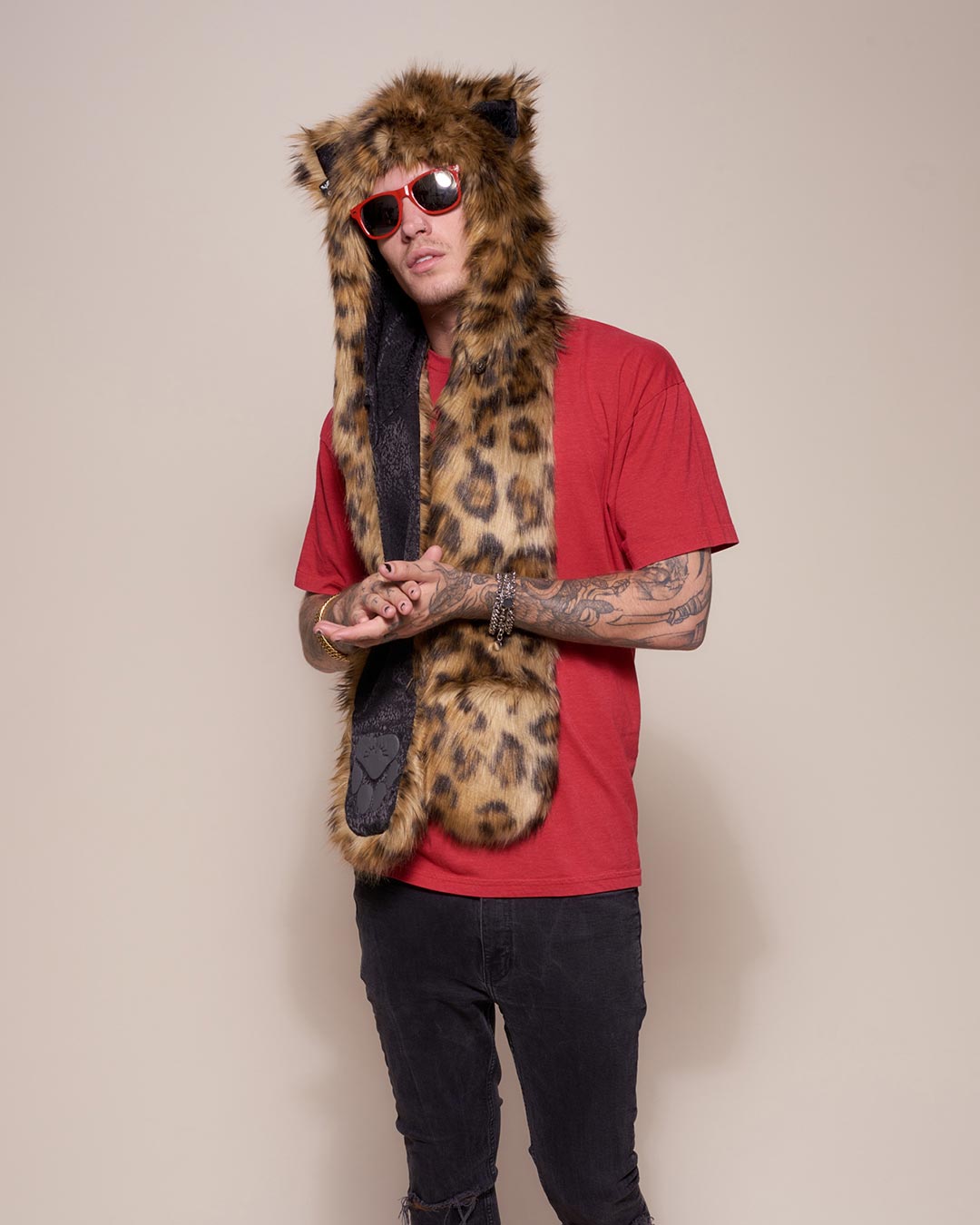 Man wearing Javan Leopard Faux Fur Hood, side view 4